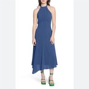 NWT Donna Morgan Slate Blue Halter Uneven Hem Midi Dress